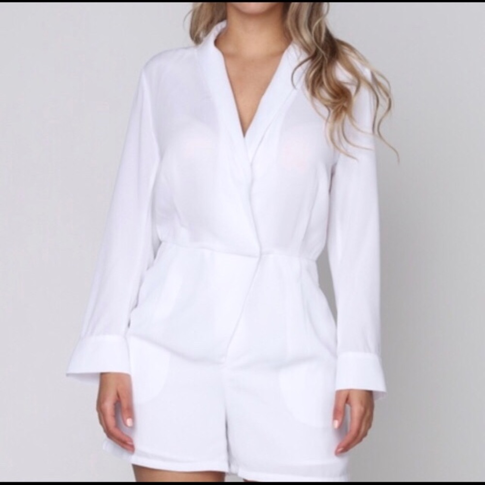 White, long sleeve, V- neck romper - WITH
